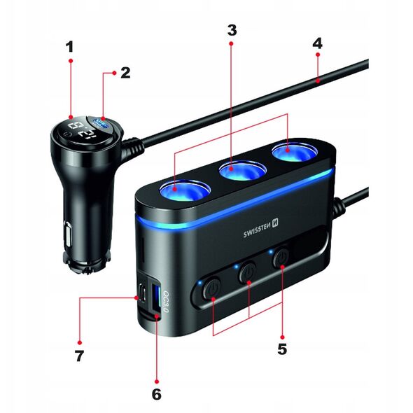 Φορτιστής αυτοκινήτου Swissten 2x USB-C PD / 1x USB-A QA 3.0 / 3x CL