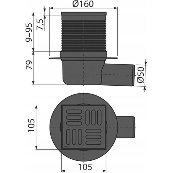 Αποστράγγιση ALCA APV31BLACK, με μαύρη σχάρα NP, 105 x 105 mm, DN50, οριζόντια