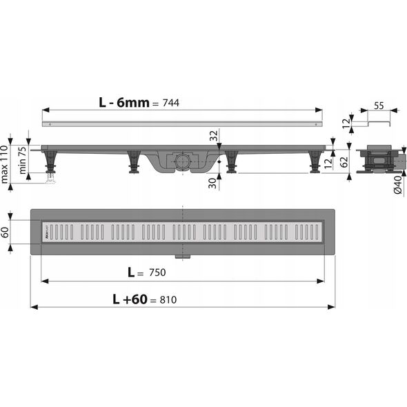 Κανάλι ντους ALCA APZ10-750, με σχάρα NP, 60 x 750 x 75 mm