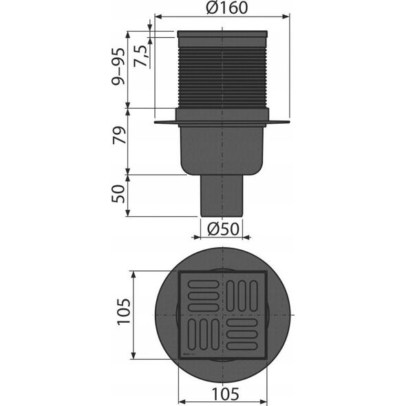 Drain ALCA APV32BLACK, with black NP grate, 105 x 105 mm, DN50, vertical