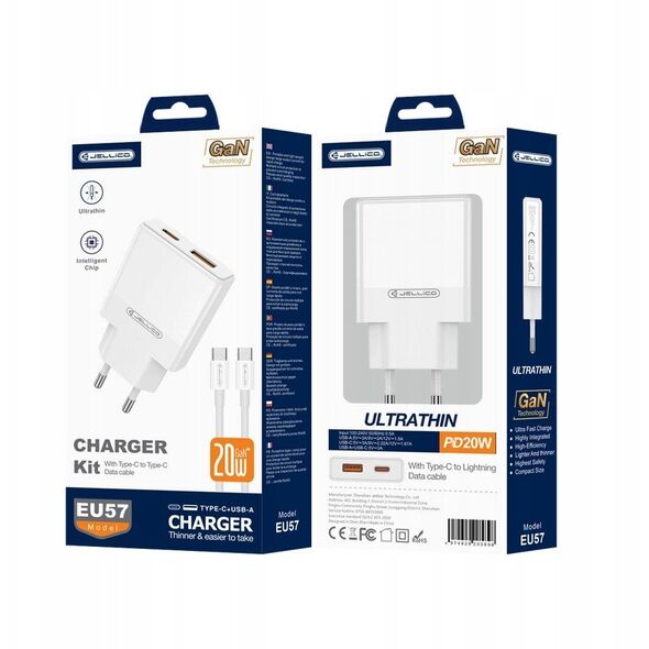 JELLICO φορτιστής τοίχου EU57 PD 20W 1xUSB-C + 1xUSB QC3.0 + καλώδιο USB-C - USB-C Λευκό