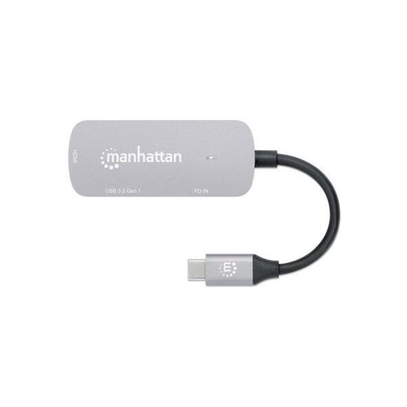MANHATTAN USB-C 3-in-1 Μετατροπέας με Παροχή Ισχύος USB 3.2 Τύπου-C Αρσενικό σε HDMI 4K30Hz USB-A 5Gbit/s και USB-C PD 100W Αλουμίνιο Γκρι