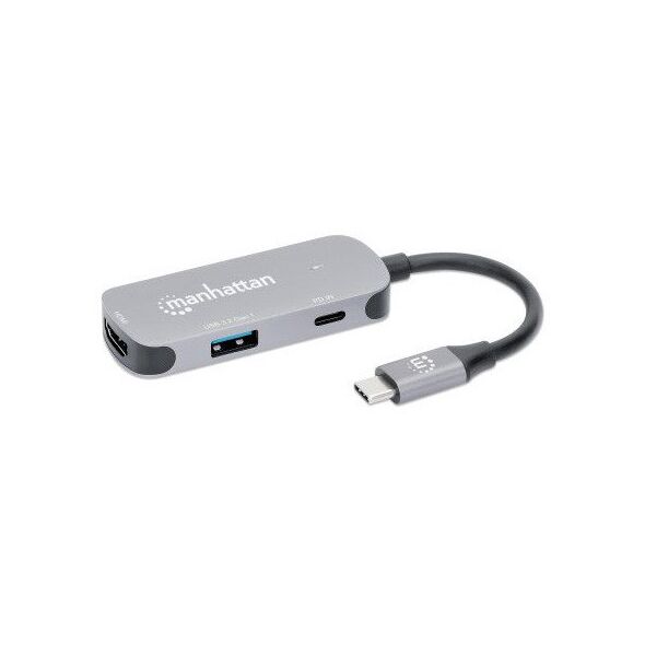 MANHATTAN USB-C 3-in-1 Μετατροπέας με Παροχή Ισχύος USB 3.2 Τύπου-C Αρσενικό σε HDMI 4K30Hz USB-A 5Gbit/s και USB-C PD 100W Αλουμίνιο Γκρι