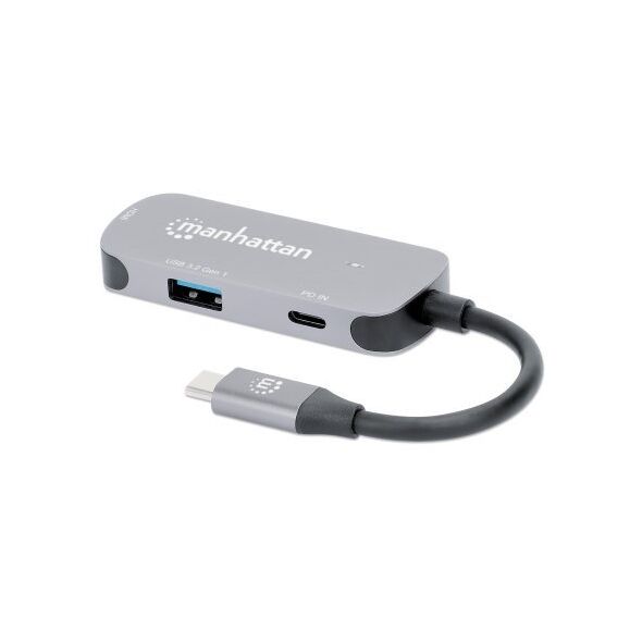MANHATTAN USB-C 3-in-1 Μετατροπέας με Παροχή Ισχύος USB 3.2 Τύπου-C Αρσενικό σε HDMI 4K30Hz USB-A 5Gbit/s και USB-C PD 100W Αλουμίνιο Γκρι