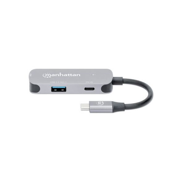 MANHATTAN USB-C 3-in-1 Μετατροπέας με Παροχή Ισχύος USB 3.2 Τύπου-C Αρσενικό σε HDMI 4K30Hz USB-A 5Gbit/s και USB-C PD 100W Αλουμίνιο Γκρι