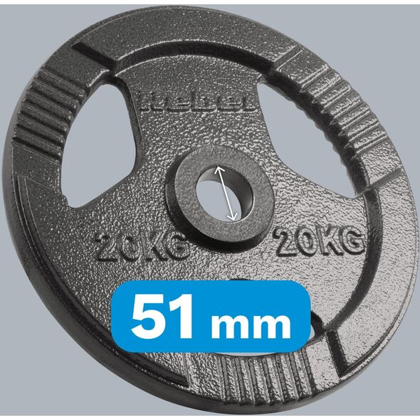 Obciążenie żeliwne olimpijskie 20kg, otwór 51mm, talerz z uchwytami, REBEL ACTIVE