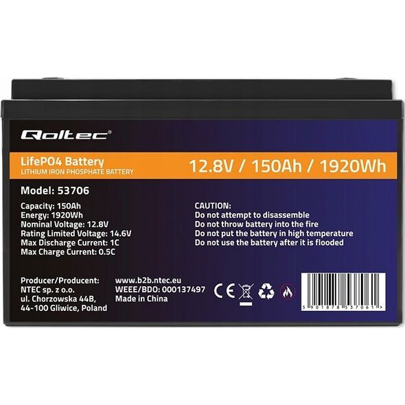 Qoltec Akumulator LiFePO4 Litowo-Żelazowo-Fosforanowy | 12.8V | 150Ah | 1920Wh| BMS