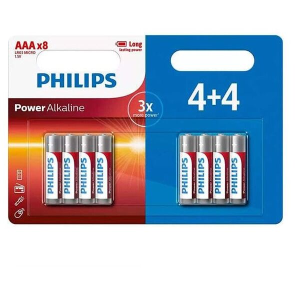 Bateria alkaliczna, AAA (LR03), AAA, 1.5V, PHILIPS, blistr, 8-pack, LR03P8BP/10, Power Alkaline, 4+4