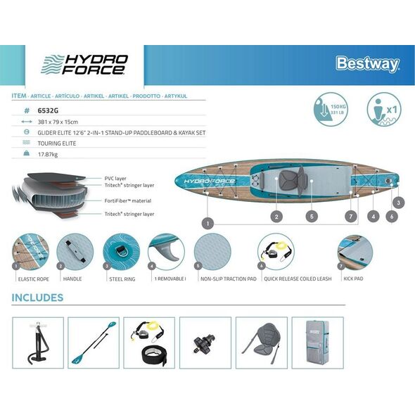 Zestaw Hydro Force Glider Elite 6532G 381x79x15cm 2w1 nadmuchiwany zestaw