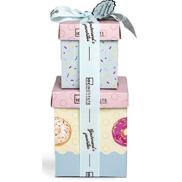Priežiūros rinkinys IDC Gourmand's: dušo želė, 100 ml + kūno losjonas, 100 ml + rankų kremas, 50 ml + plaušinė