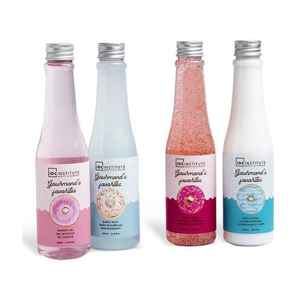 Priežiūros rinkinys IDC Gourmand's: dušo želė, 200 ml + vonios putos, 200 ml + kūno losjonas, 200 ml + šveitiklis, 200 ml