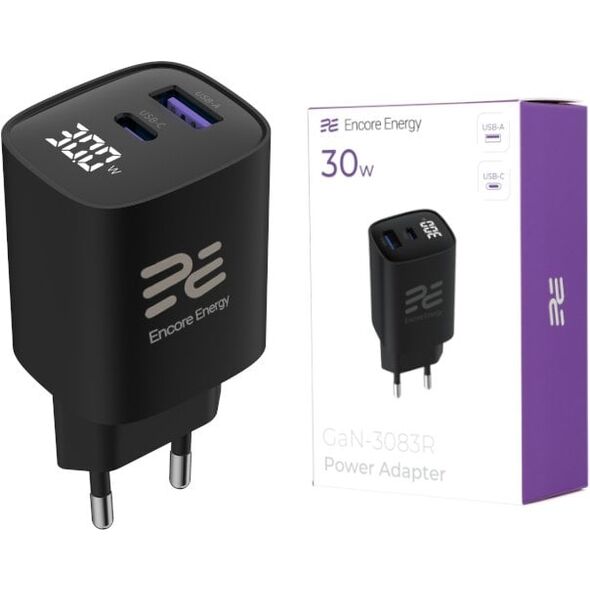 Ładowarka sieciowa Encore Energy GaN QC 4 PD 3.0 USB-A USB-C 30W GaN-3083R z wyświetlaczem standard