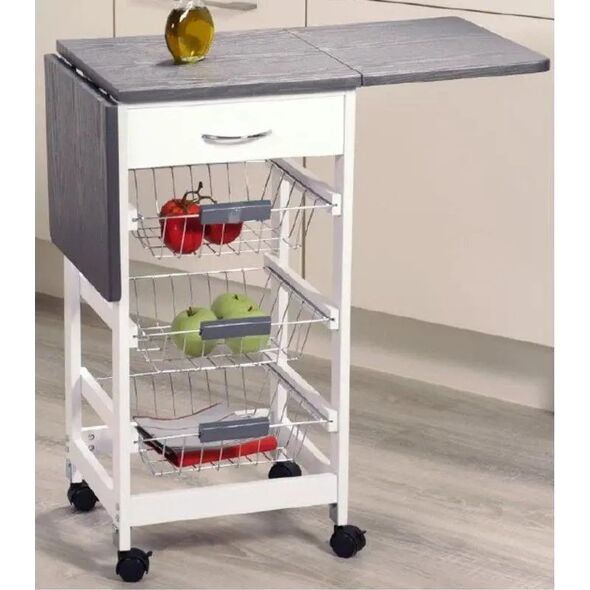 Kesper Biały barek kuchenny na kółkach z rozkładanym blatem w kolorze szarym