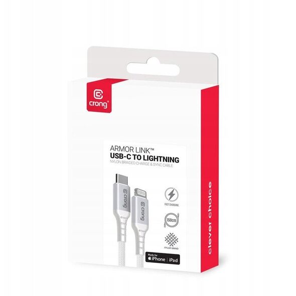 Kabel Crong USB-C Lightning Armor Link Fast Charging MFi Oplot Biały 150cm