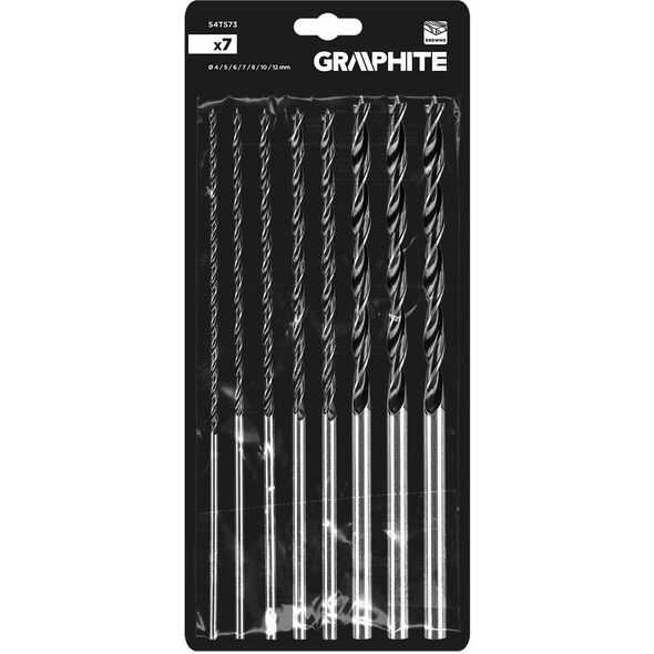 Zestaw wierteł do drewna, przedłużanych: 4, 5, 6, 7, 8, 10, 12 mm x 300 mm, 7 sztuk