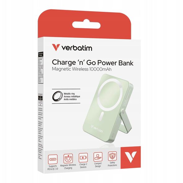 Verbatim, powerbank με ασύρματη φόρτιση, 5V, φόρτιση τηλεφώνου, 32259, 10 000mAh, Μαγνητική τοποθέτηση, πράσινη