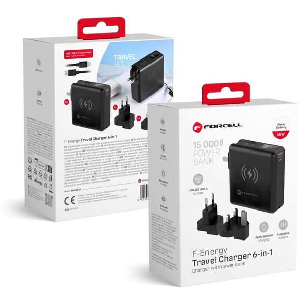 Πολυλειτουργικός φορτιστής Forcell F-Energy 6 σε 1 USB A + USB C PD 45W + power bank 15000 mAh + ασύρματη φόρτιση 15W μαύρη
