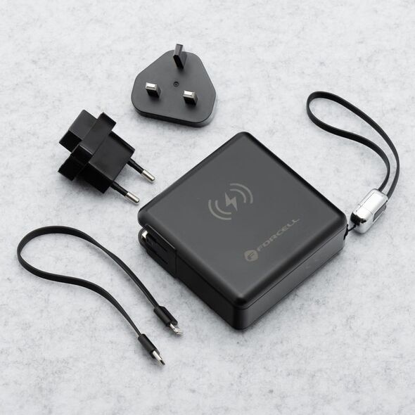 Πολυλειτουργικός φορτιστής Forcell F-Energy 6 σε 1 USB A + USB C PD 45W + power bank 15000 mAh + ασύρματη φόρτιση 15W μαύρη