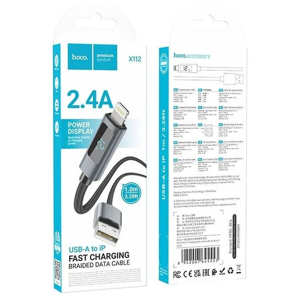 Καλώδιο USB A do Lightning HOCO 2,4A με οθόνη 1 m X112 μαύρο