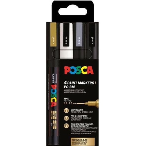 POSCA PC-3M 4stk (Χρυσό,Λευκό,Ασημί,Μαύρο)