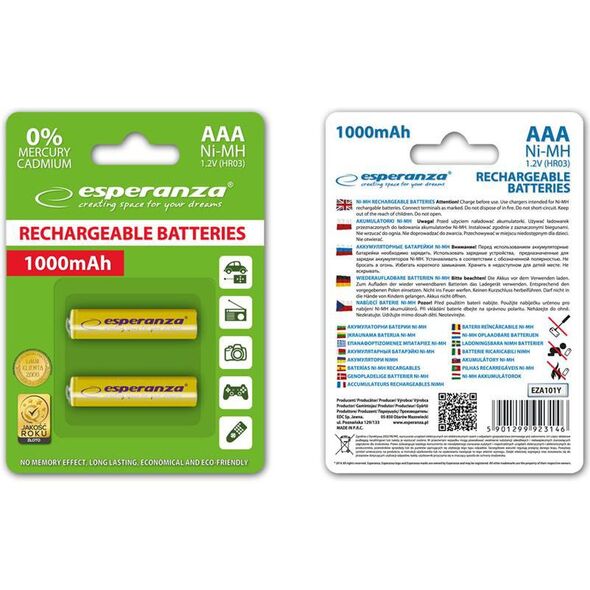 Esperanza Akumulator żółte AAA / R03 1000mAh 2 szt.