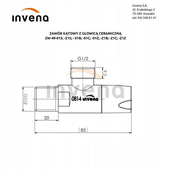 Invena γωνιακή βαλβίδα με κεραμική κεφαλή 1/2"x1/2", λευκό ZW-49-01B-W