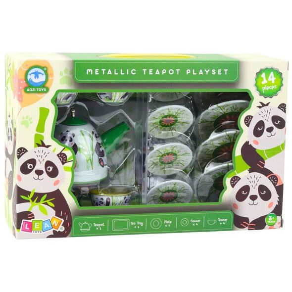 Zestaw Do Herbaty Metalowy Dzbanek Filiżanka Talerzyki Panda Zielony 14el
