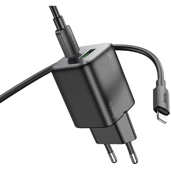 Φορτιστής τοίχου για κινητό τηλέφωνο HOCO USB A + USB C QC PD 3A 20W + καλώδιο USB C σε Lightning N41 μαύρο
