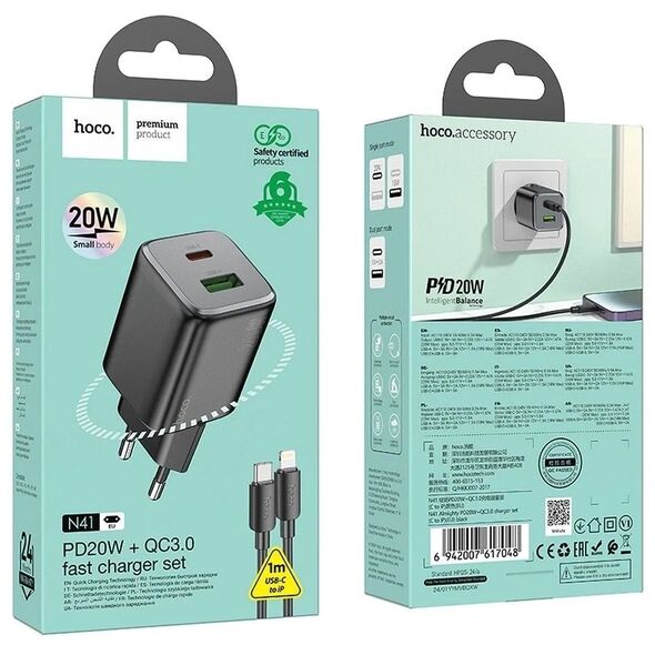 Φορτιστής τοίχου για κινητό τηλέφωνο HOCO USB A + USB C QC PD 3A 20W + καλώδιο USB C σε Lightning N41 μαύρο