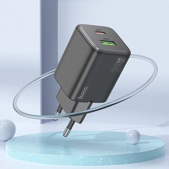Φορτιστής τοίχου για κινητό τηλέφωνο HOCO USB A + USB C QC PD 3A 20W + καλώδιο USB C σε Lightning N41 μαύρο