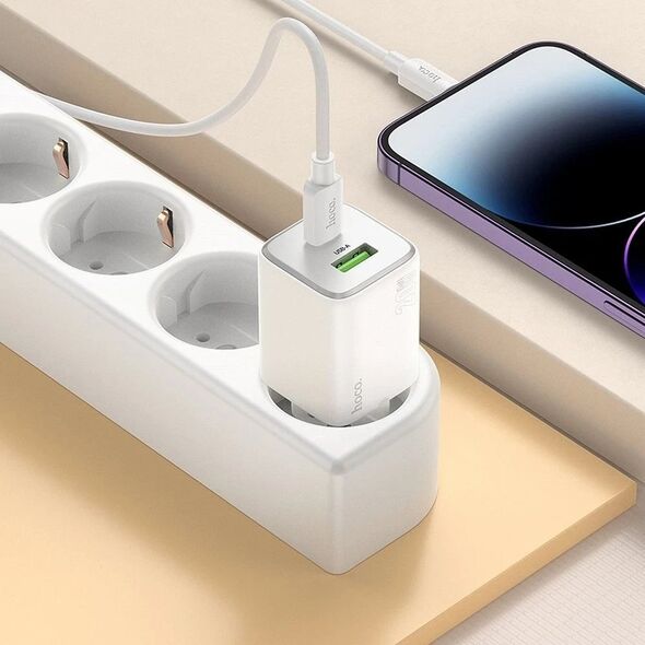 Φορτιστής τοίχου για τηλέφωνο HOCO USB A + USB C QC PD 3A 20W + καλώδιο USB C σε Lightning N41 λευκό