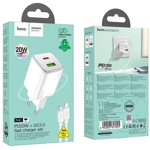 Φορτιστής τοίχου για τηλέφωνο HOCO USB A + USB C QC PD 3A 20W + καλώδιο USB C σε Lightning N41 λευκό