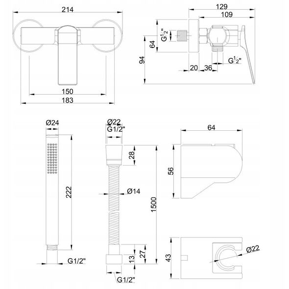 Invena μπαταρία ντους με σετ ντους Neri Plus, χαλκός BN-P1-014-L