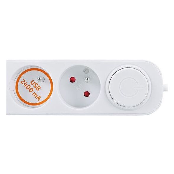 Solight 3z επέκταση με φορτιστή USB A+C 2.4A, 2m, 3 x 1mm2, λευκό, διακόπτης