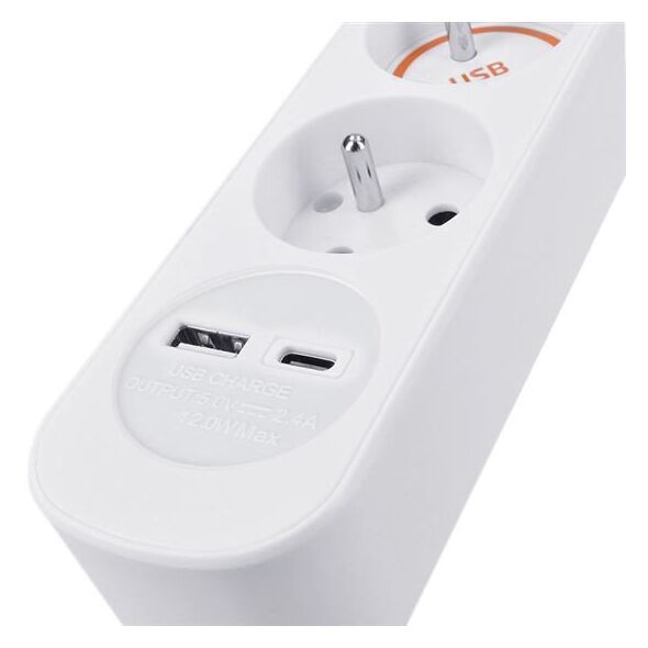 Solight 3z επέκταση με φορτιστή USB A+C 2.4A, 2m, 3 x 1mm2, λευκό, διακόπτης