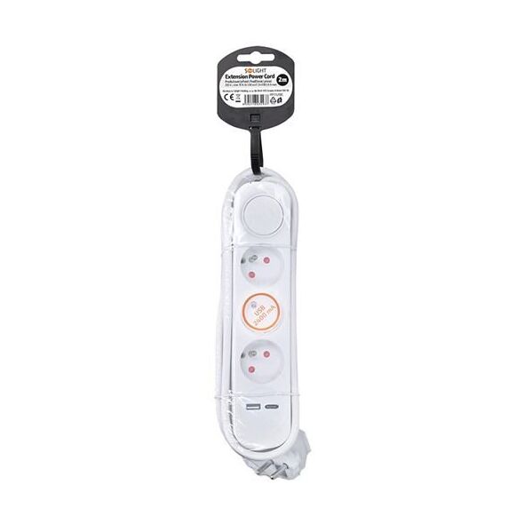 Solight 3z επέκταση με φορτιστή USB A+C 2.4A, 2m, 3 x 1mm2, λευκό, διακόπτης