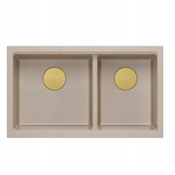 QUADRON | LOGAN 120 | γρανιτένιος νεροχύτης κουζίνας PEARL BEIGE + ΧΡΥΣΟ PVD | διάσταση: 76 x 45 x 23,5 cm | 2-θέσιος εντοιχισμένος | υποδομή ντουλαπιού από: 80 cm