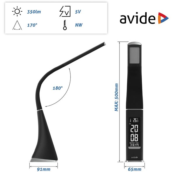 LED table lamp AVIDE BUSINESS LEATHER, 6W, 5000 K, 350 lm, dimmable, clock, black