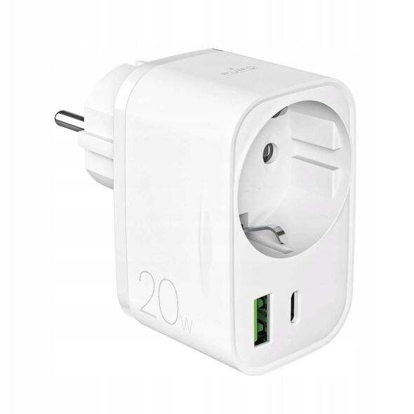 Φορτιστής Puro 20W Power Delivery με βύσμα και υποδοχή Schuko 1x USB-C + 1x USB-A - λευκή