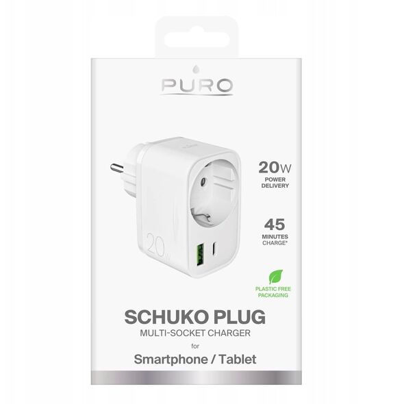 Φορτιστής Puro 20W Power Delivery με βύσμα και υποδοχή Schuko 1x USB-C + 1x USB-A - λευκή