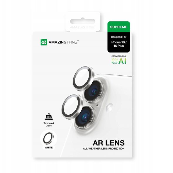 Tempered glass AMAZINGTHING AR Aluminium 2 Lens Glass με πλαίσιο για φακούς κάμερας για iPhone 16 / 16 Plus - λευκό