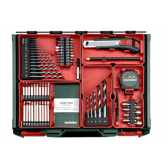 Φορητό εργαστήριο METABO.SB 18 L + 2 μπαταρίες Li-Ion 18V/2.0 Ah με φορτιστή SC 30 + 74 στοιχεία