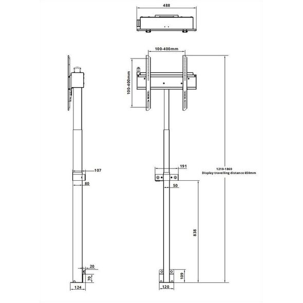Multibrackets M Μηχανοκίνητη Βάση Δαπέδου 60kg Μαύρο, 60 kg, 81.3 cm (32"), 152.4 cm (60"), 100 x 100 mm, 400 x 400 mm, 1210 - 1860 mm