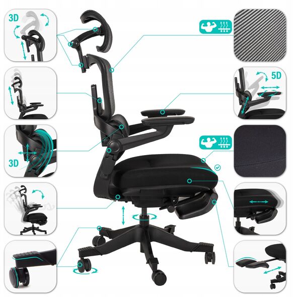 Nario-500 Niezwykle ergonomiczny fotel biurowy z podnóżkiem i pełną regulacją