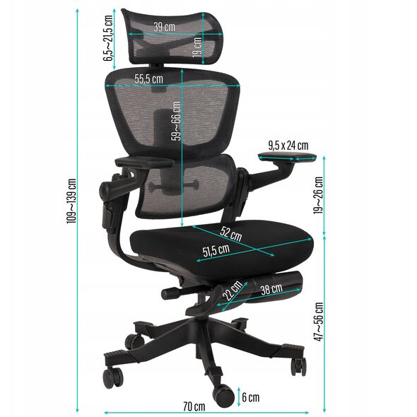 Nario-500 Niezwykle ergonomiczny fotel biurowy z podnóżkiem i pełną regulacją