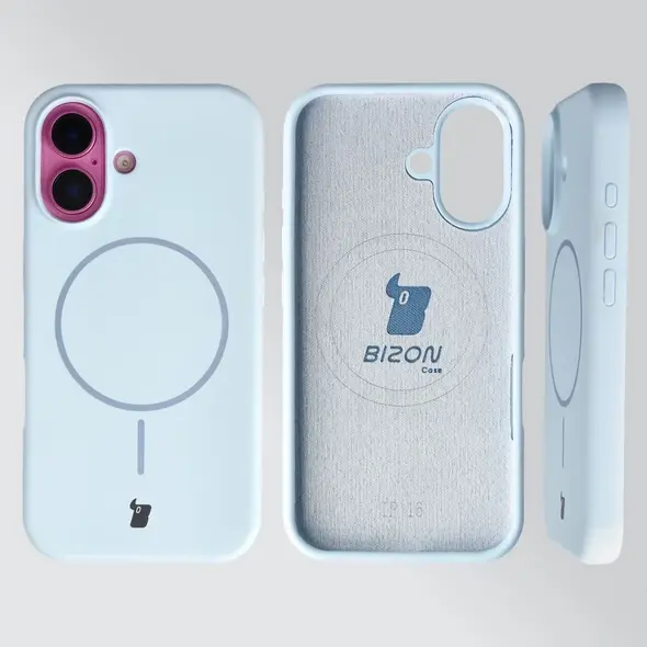 Silikonowe etui z pierścieniem magnetycznym Bizon Soft Case do Apple iPhone 16 błękitne