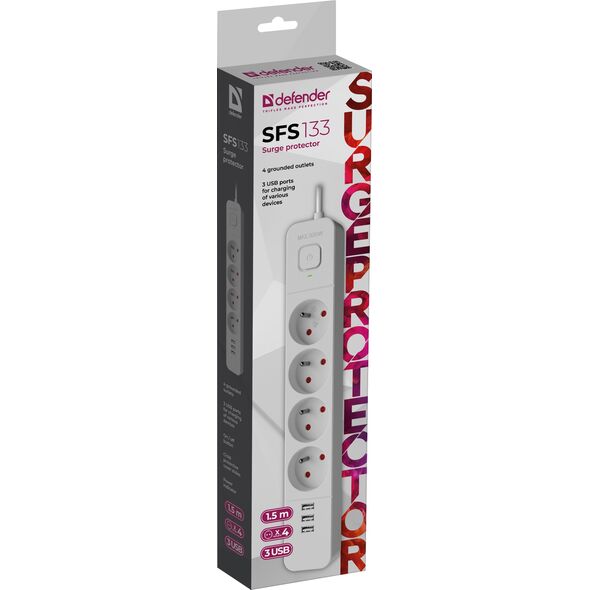 Listwa zasilająca Defender SFS 133 1,5 m, 4 gniazda, 3x USB biała