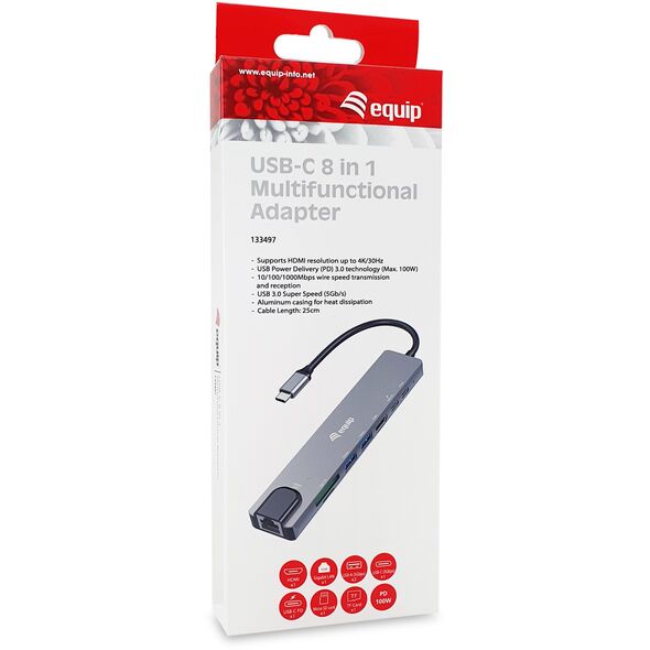 Equip Adapter USB-C -> HDMI.GbE.3xUSB3.2 Gen1.SD/TF.PD 100W