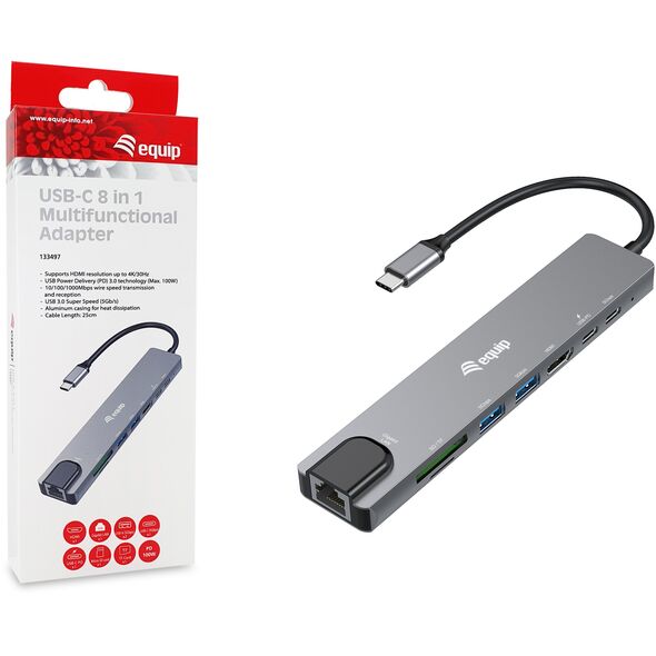 Equip Adapter USB-C -> HDMI.GbE.3xUSB3.2 Gen1.SD/TF.PD 100W