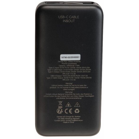 Denver PQC-20065 Γρήγορη φόρτιση Powerbank 20000mAh